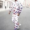Tuta Due Pezzi da Uomo con Felpa a Manica Lunga con Base Bianca, Stampa Bandiera Americana, Farfalla e Stella, e Pantaloni Jogger con Coulisse