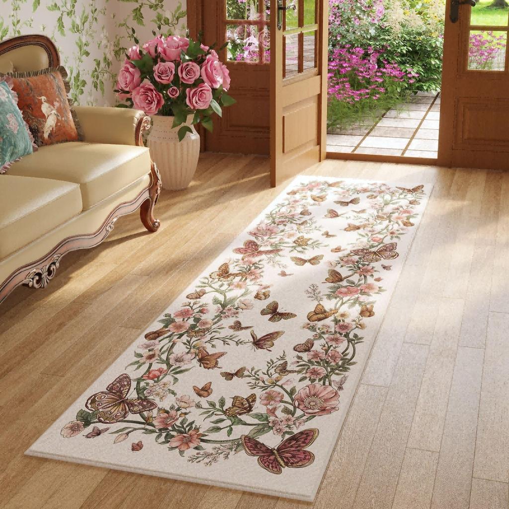 American-Style Floral Carpet, Moisture-Proof, Machine Washable, Hallway Rug, Bedroom Bedside Rug, Home Decoration
