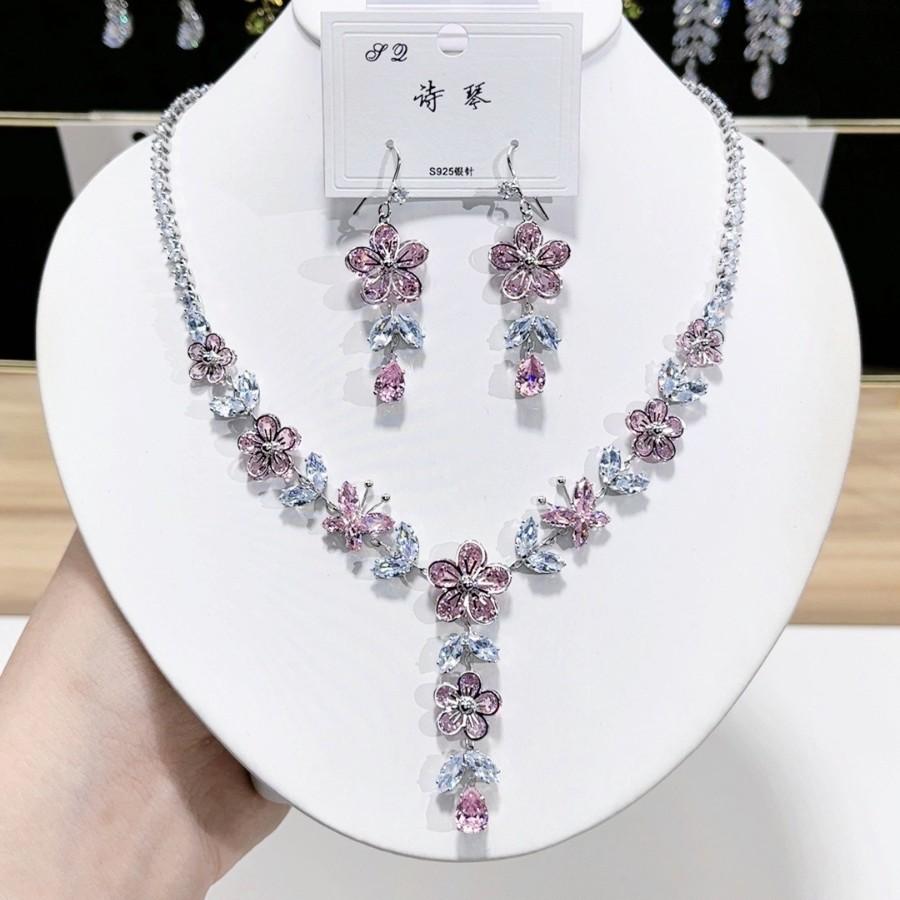 Многоцветный Цветочный Циркониевый Кулон, Ожерелье, Серьги, Набор Украшений, Чокеры Женские, Свадебные, Банкетные, Вечерние, Повседневные розовый