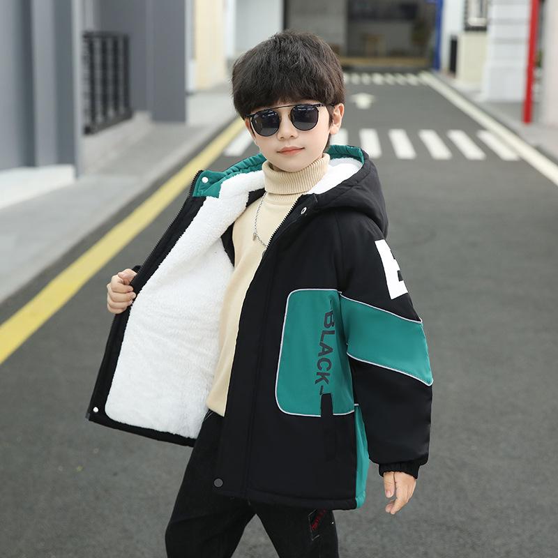 Boys' Trendy Fleece-Lined Winter Parka 2025: Thick Cotton-Blend Jacket