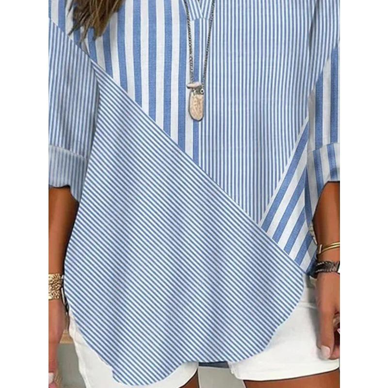 Women's Summer Striped V-Neck Long Sleeve Casual Loose Pullover Shirt