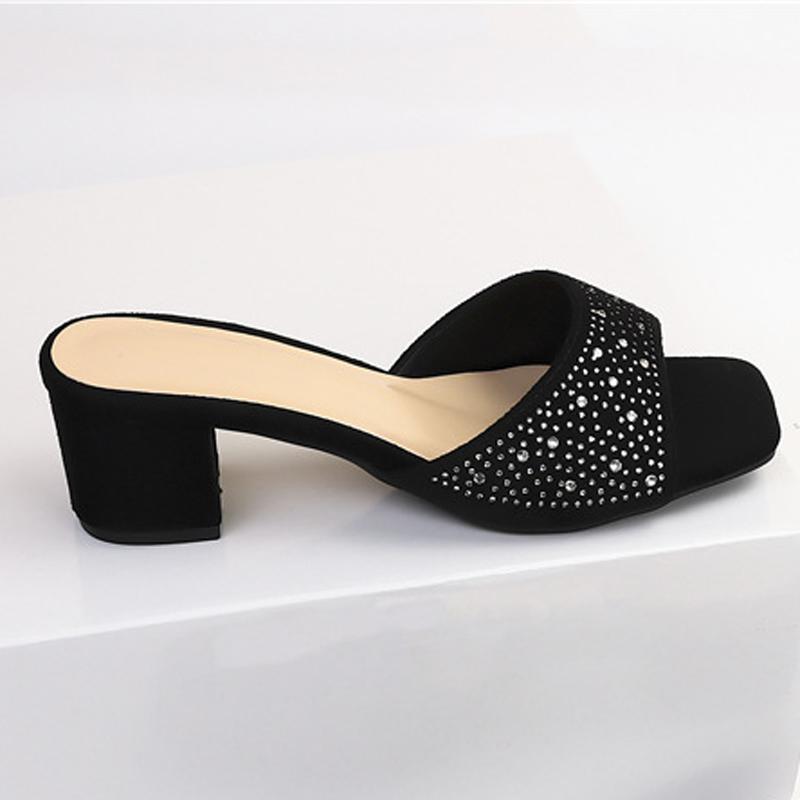 Fashion Full Diamonds Woman Open Toe Mules Shoes Summer High Heels Slides Ladies Slip On Crystal Slippers Wedges Pantufla Velvet Sandals