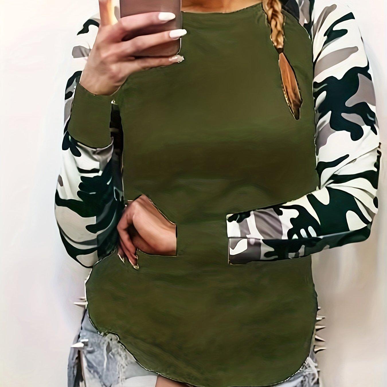 

Футболка Chic Camo Print с длинными рукавами и круглым вырезом: Комфорт в любое время года, стильный цветовой блок, долговечность, простота ухода 3XL