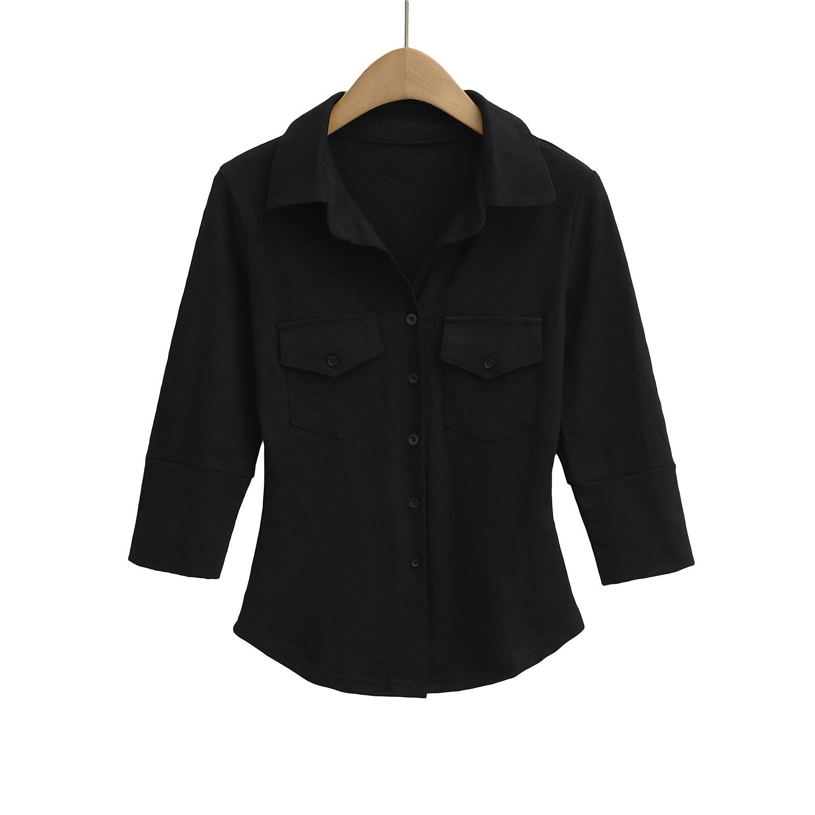 

Women s Three-Quarter Sleeve Button Down Shirt with Chest Pocket S чёрный