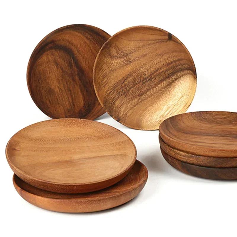 Wooden Plate Serving Tray Dishes Acacia Wood Dessert Snack Food Plate Appetizer Fruit Cake Plate Wooden Tray Kitchen Tableware