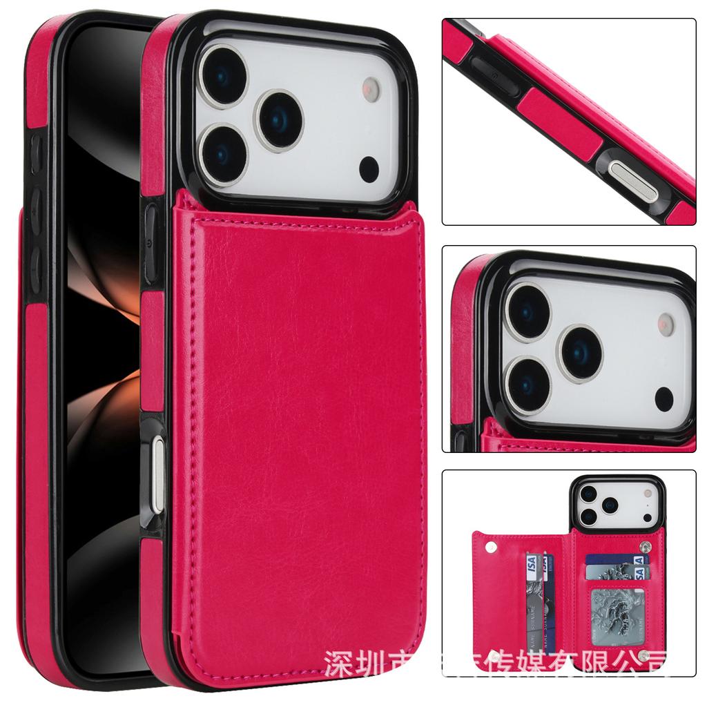 Suitable for Phone17  multiple phone models, Crazy Horse pattern double buckle phone leather case, Apple 16e/15 card insertion sticker protective case