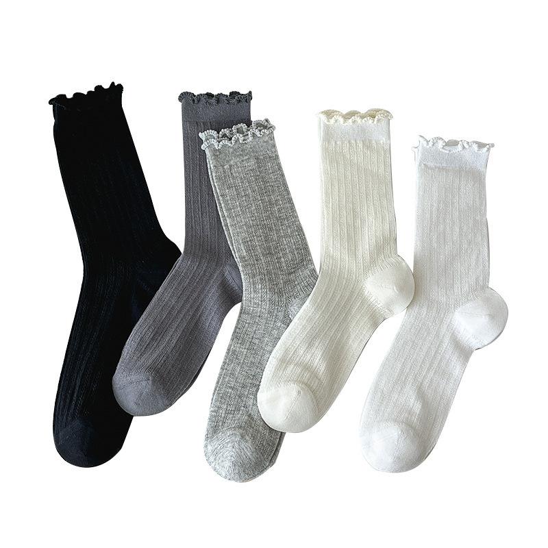 Spitzenstrümpfe Damen Sommer Dünn Ballett Stil Weiß Mary Jane Stapel Socken Mit Kleinen Lederschuhen Grau Sommer Mittellang