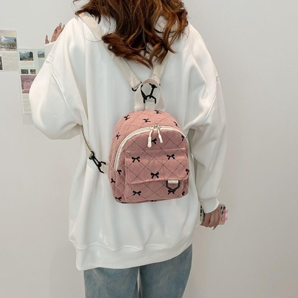 Corduroy Shoulder Bag Bowknot Printed Bow Rucksack Casual Mini Backpack  Teen Girls