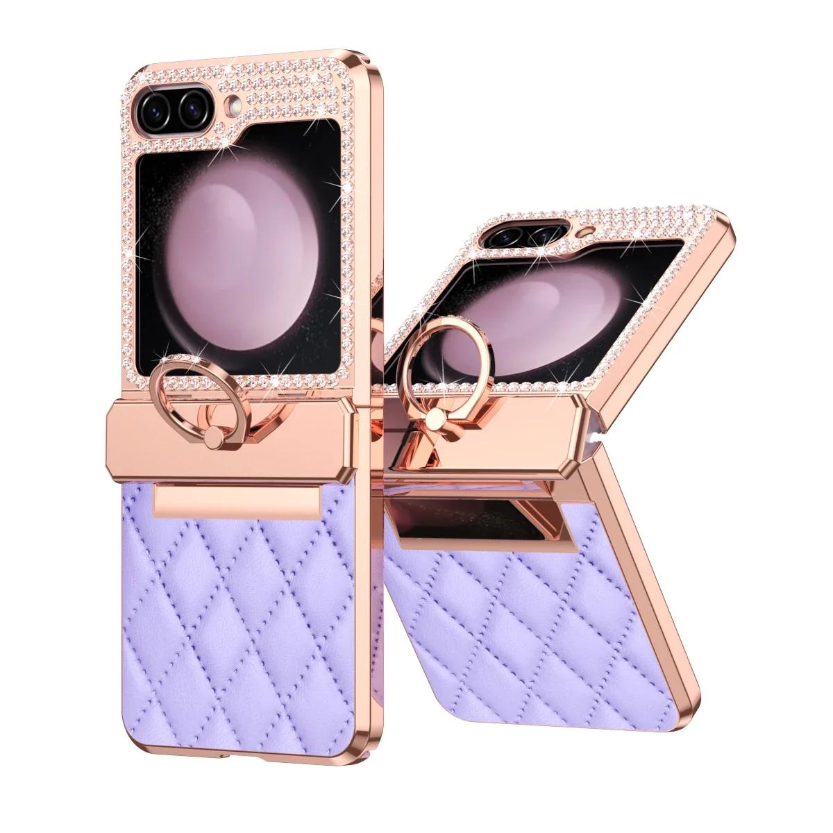 

Чехол-подставка с кольцом, покрытый кожей и бриллиантами, для Samsung Galaxy Z Flip 6 5 3 4 5G, противоударный чехол для защиты шарнира для Z Flip5 For Galaxy Z Flip5 фиолетовый