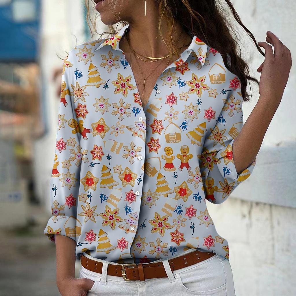 Christmas Tree Print Women Blouse Spring Autumn Femme Office Lady Button Up Turn Down Collar Shirts