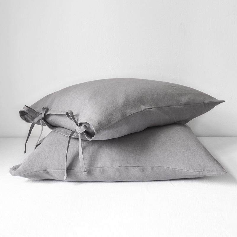 French Pure Linen Pillowcase Pair, Tie Closure, Skin-Friendly, Solid Color, 48x74 cm, Customizable, Ideal for Spring/Summer Home Use.