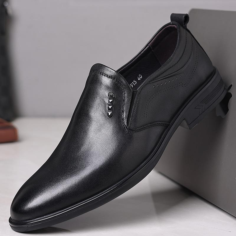 

New first-layer cowhide dress leather shoes men s leather pointed toe foot derby men s shoes one-pedal business men s leather shoes 38