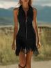 European Elegant Zipper Tassel Off-Shoulder Dress with Lapel - Sleeveless Solid Color Style