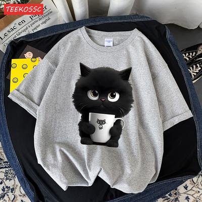 A Cute Black Cat Holding A Cup Print T-Shirt Breathable Skin Friendly Short Sleeve Harajuku Trendy Clothes Comfy Soft T-Shirt
