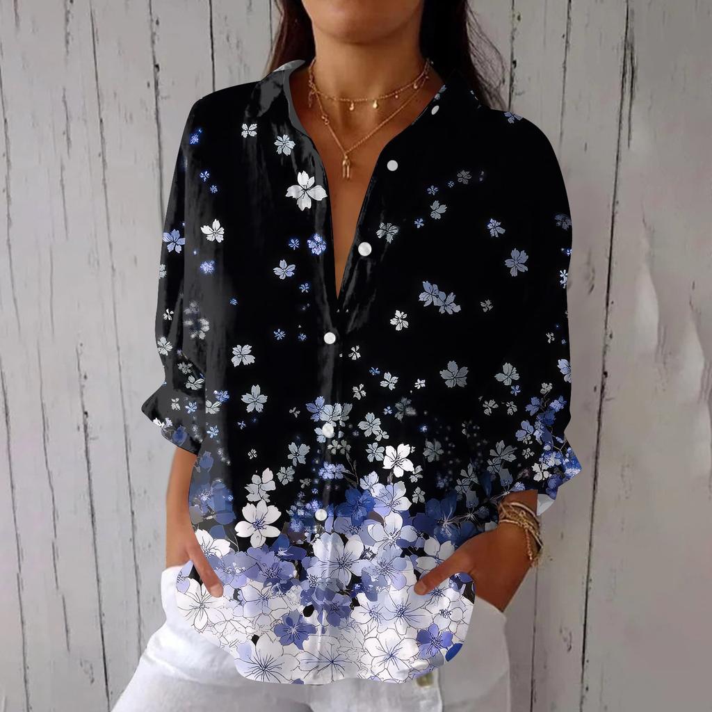 Women's Fashion 3/4 Sleeve Casual Lapel Back Tie- Floral Print T-Shirt Top