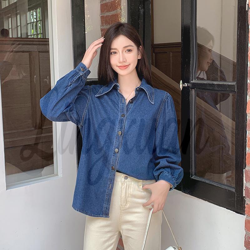 

Женская повседневная ретро-рубашка из темно-синего денима - Свободный крой, Опущенные плечи, Идеально подходит для весеннего и осеннего многослойного образа. Large темно-синий