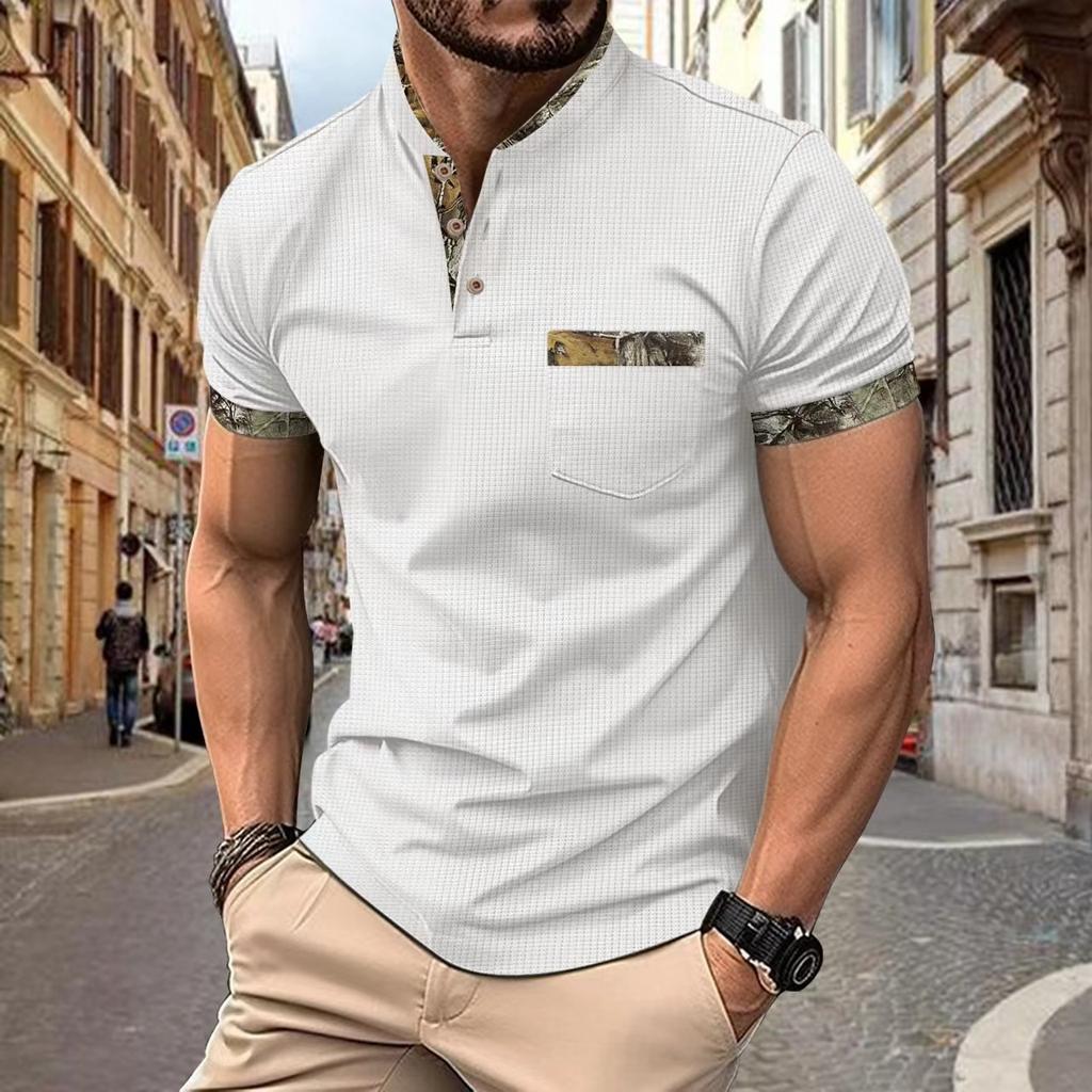 Neues Herren-Freizeit-Poloshirt mit Brusttasche, kleinem Stehkragen, Knopfleiste und vielseitigem T-Shirt-Oberteil