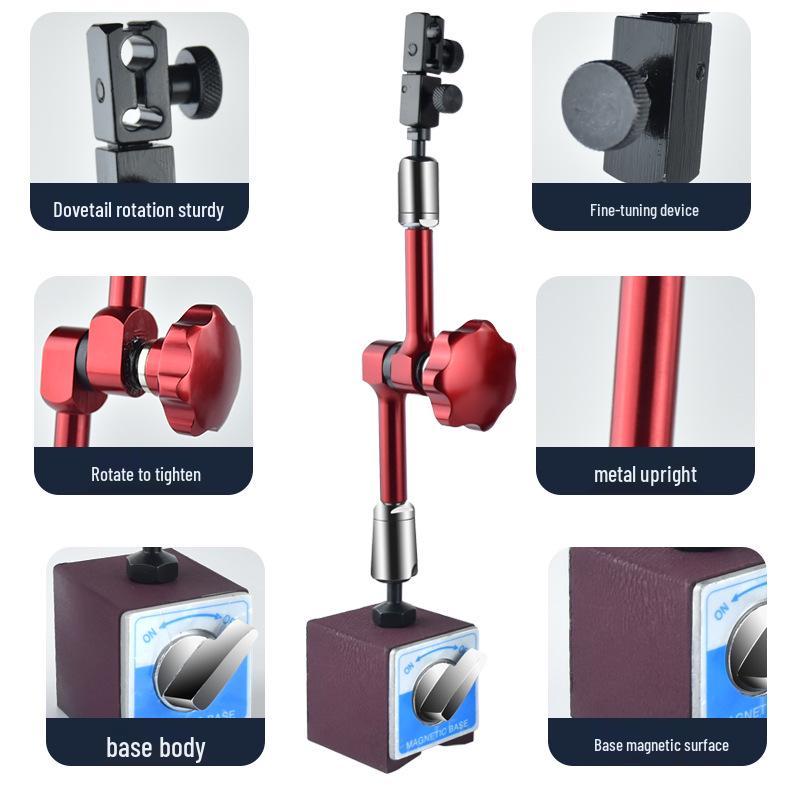 Magnetic Table Base with Dial and Lever Indicator, Universal Bracket Clamp, and Fine Adjustment Rod Accessories