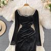 Autumn New Hepburn Evening Dress Split Hip Dress Sexy Temperament Diamond Square Neck Golden Velvet Dress