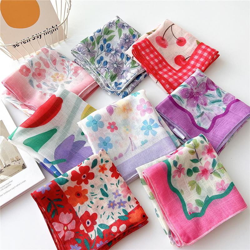 55cm Cotton Linen Handkerchief Print Square Neck Scarf Women Small Shawls Hair Scarfs Female Bag Scarves Head Scarf Bandanas
