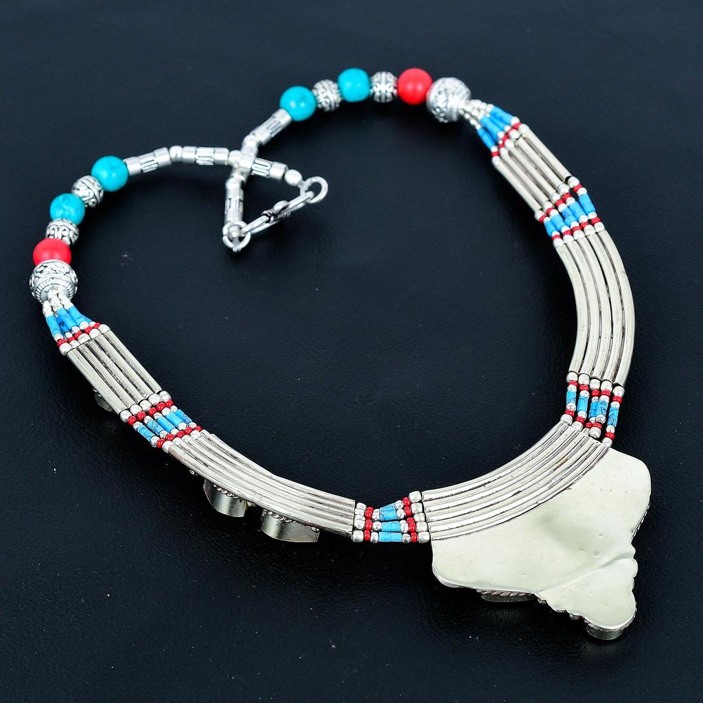 Turquoise, Coral 925 Sterling Silver Necklace Tibetan Silver Necklace Bohemian Antique Necklace Handmade Jewelry Nepali Necklace Gift For Wife