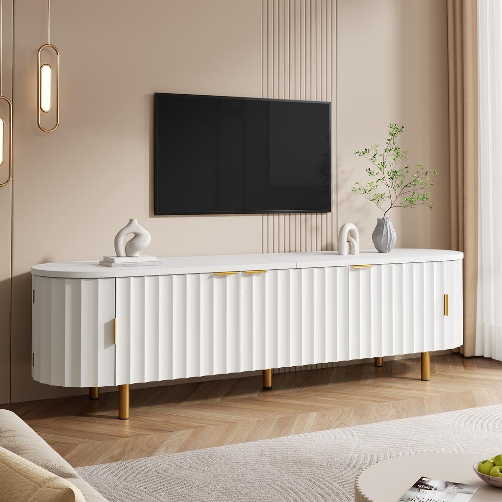 TV Lowboard Made of MDF with 5 Doors, Fluted Front, Rounded Sides, Iron Feet and Iron Handles