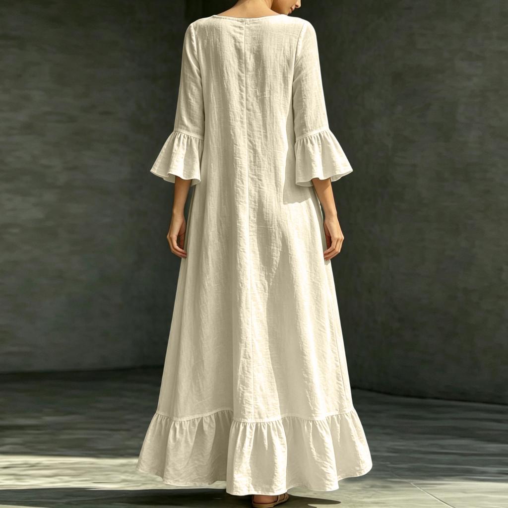 Women's Casual Color Cotton Linen V-Neck Three-Quarter Sleeve Dress with Pockets Loose Fit