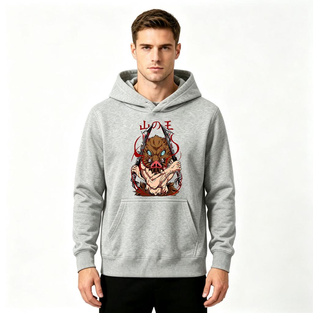Men's Anime Boar Mask Printed Pullover Hoodie Casual Long Sleeve Sweatshirt for Daily Wear