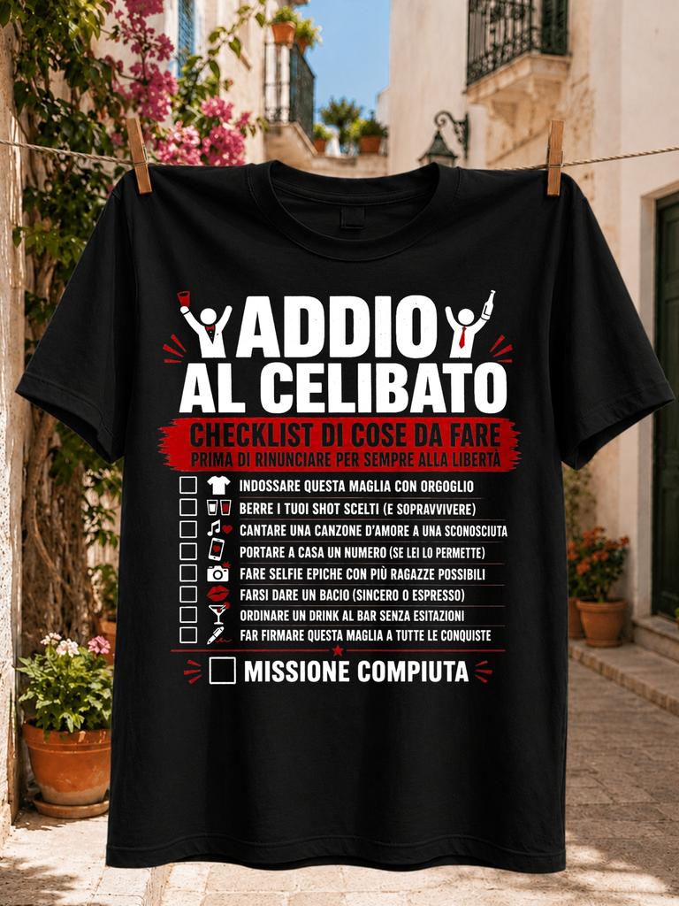 Addio Al Celibato Checklist Featuring Checked Boxes Drinks Music Phone Lips And Missione Compiuta Unisex All Tshirt