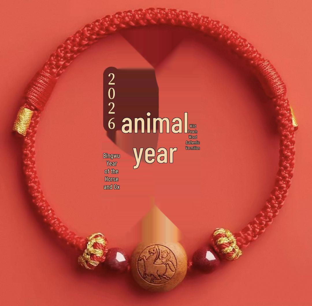 2026 Year of the Horse Peach Wood Red String Bracelet for All Ages Rooster [Black]