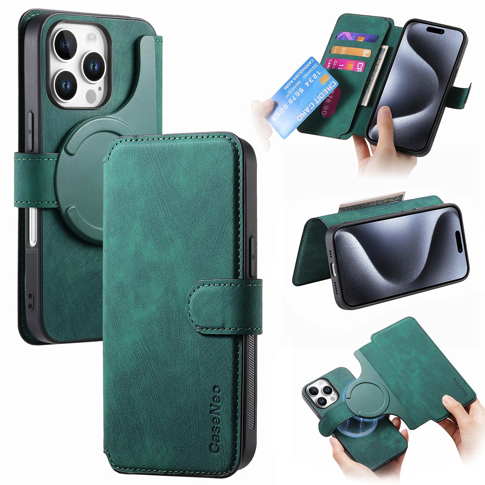 

For iPhone 16 Pro Max Magnetic Case CASENEO Detachable Leather Phone Wallet Cover Green