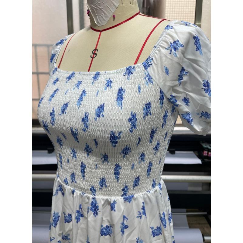 Square Collar High Waist Printed Summer Women's Dress, Comfortable and Elegant Women's Long Skirt