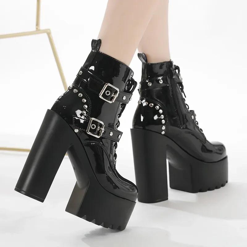 Fashion 14CM Women Chunky Ankle Boots Leather cosplay Round Toe Platform Knight Boots Shoes High Heels Black White Thick Heel Lace Up
