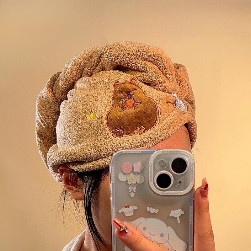 Cute Cartoon Capybara Plush Dry Hair Cap Good Absorbent Quick Dry Coral Velvet Shower Cap For Women Kawaii Hair Towel Home Bathroom Decor