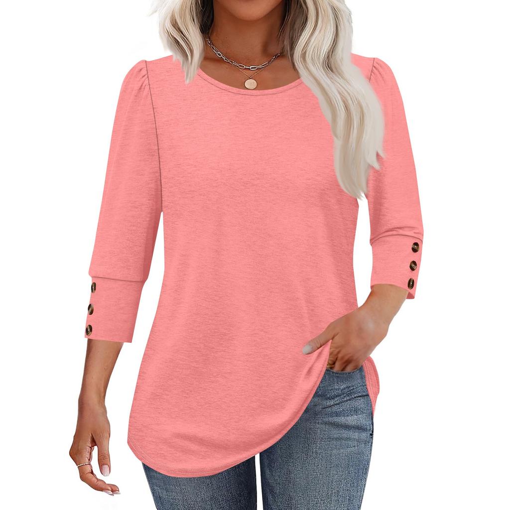 Women's Fashion Casual Solid Color Round Neck Seven-quarter Sleeve T-shirt Top