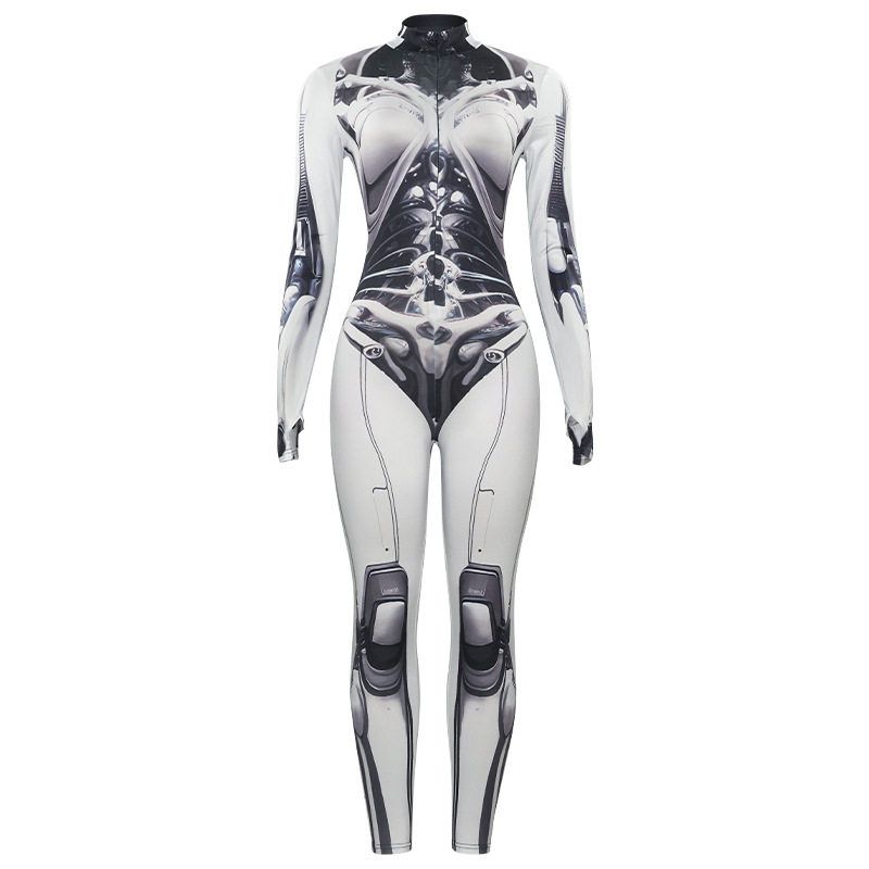 

W189Jp European and American 2024 Autumn Trendy Mechanical Print Half-High Collar Long-Sleeve Jumpsuit High-Elastic Women s Bodysuit Gray W189Jp S