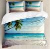 Seashore Duvet Cover Set Queen Size Splashing Waves On Sandy Beach Coconut Palm Trees Scenic Island View Warm Soft Breathable