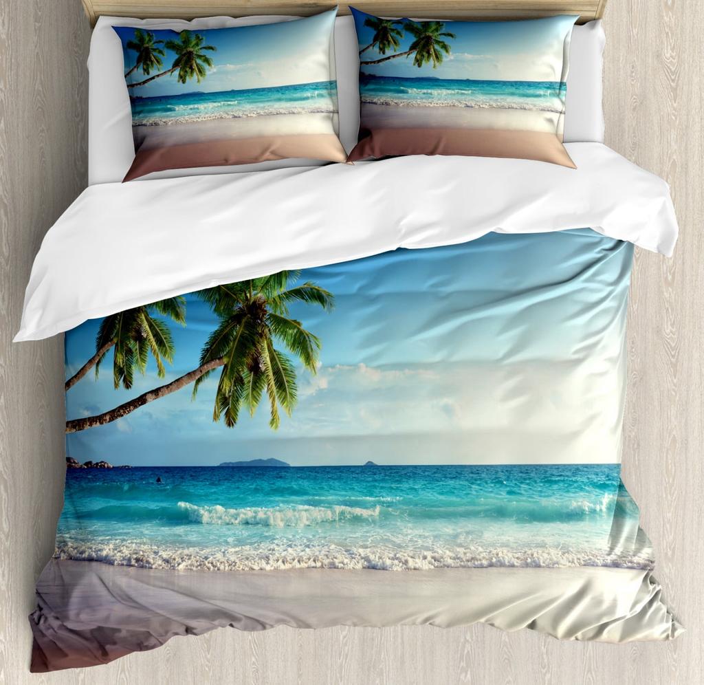 Seashore Duvet Cover Set Queen Size Splashing Waves On Sandy Beach Coconut Palm Trees Scenic Island View Warm Soft Breathable