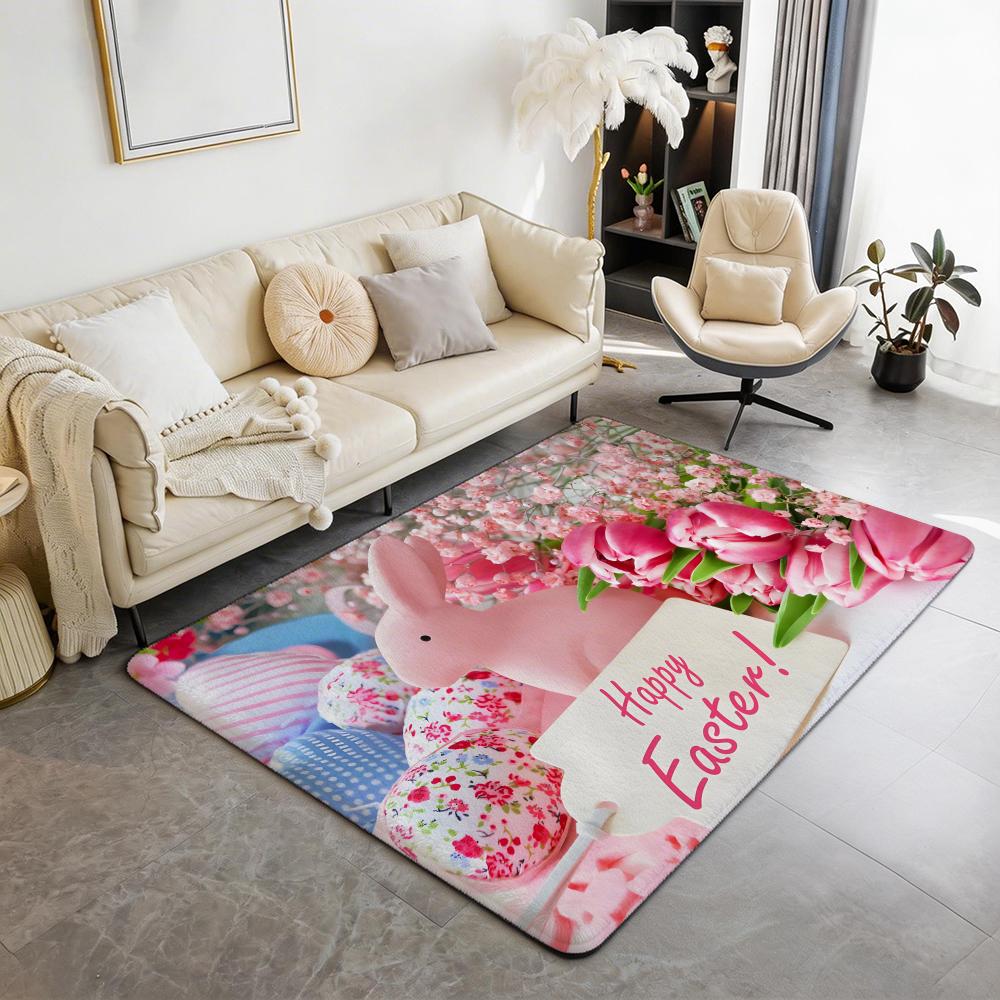 Easter Bunny Cute Eggs Floor Mat Eco Flannel Doormat Non Slip Odorless Indoor Floor Rug Soft Short Plush Home Mat