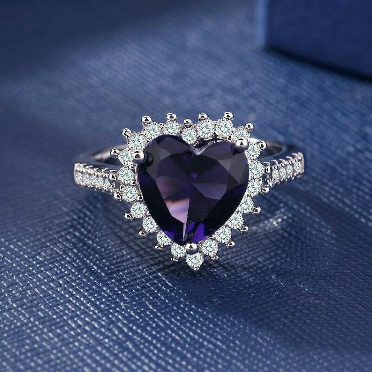 Classic Sweet Romantic Heart Purple Crystal Rings ForWomen Engagement Wedding Ring For Accessories Size 6-10