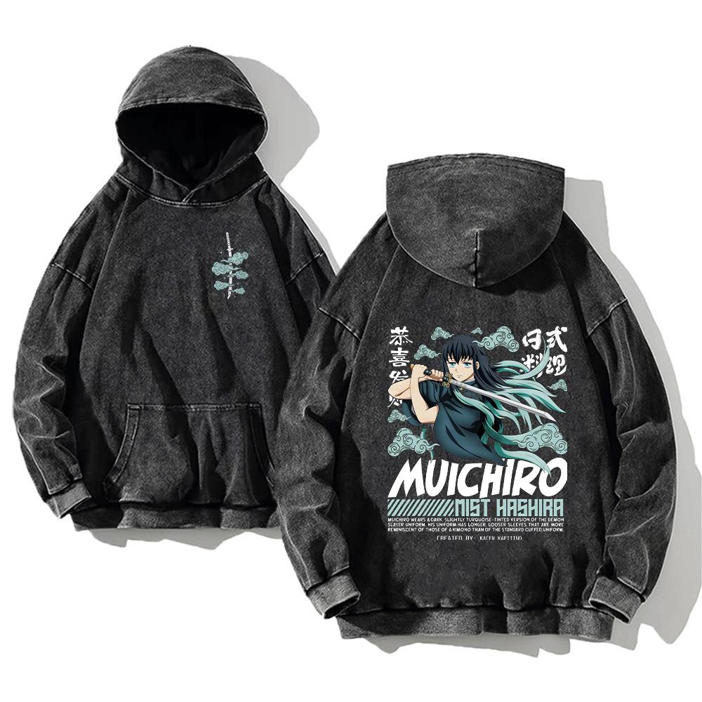 Demon Slayer Printed Hoodies Shinazugawa Sanemi Anime Men Women Cotton Sweatshirts Vintage Washed Oversized Casual Streetwear