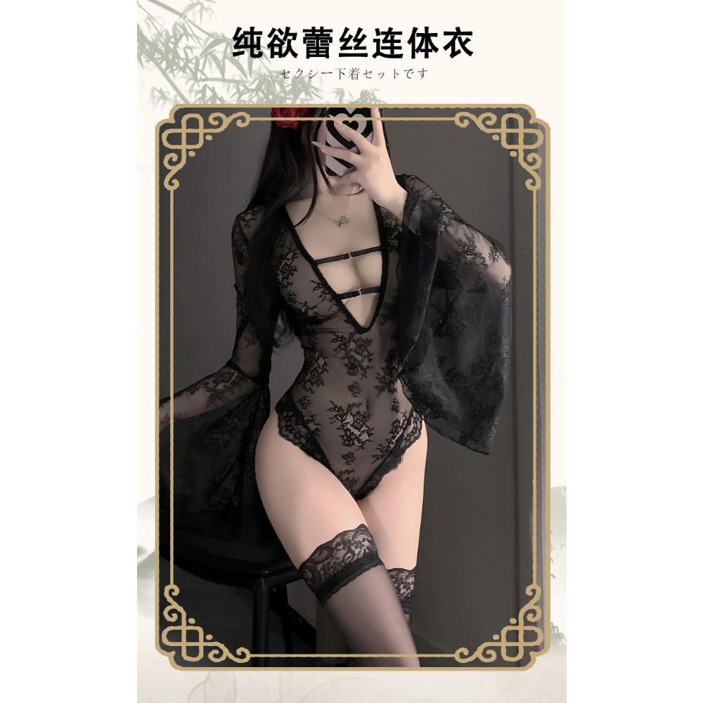 Man Desire Sexy Lingerie Sexy Perspective Onesie Pure Desire Flared Sleeve Lace Pajamas Deep V Hollow Uniform 9392