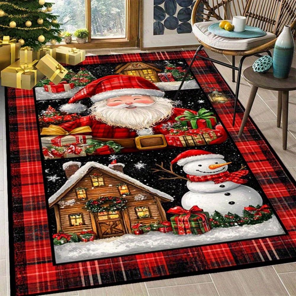 Christmas Plaid Carpet Santa Claus Snowman Cabin Print Area Rug Large Festive Floor Mat for Living Room Bedside Winter Decor