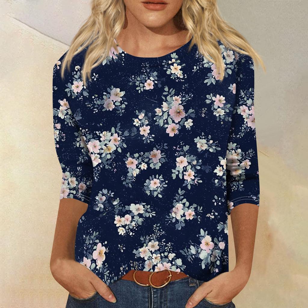 Women's Casual Floral Print Three Quarter Sleeve Crew Neck Top Lightweight Soft Fabric Comfortable Fit Daily Wear