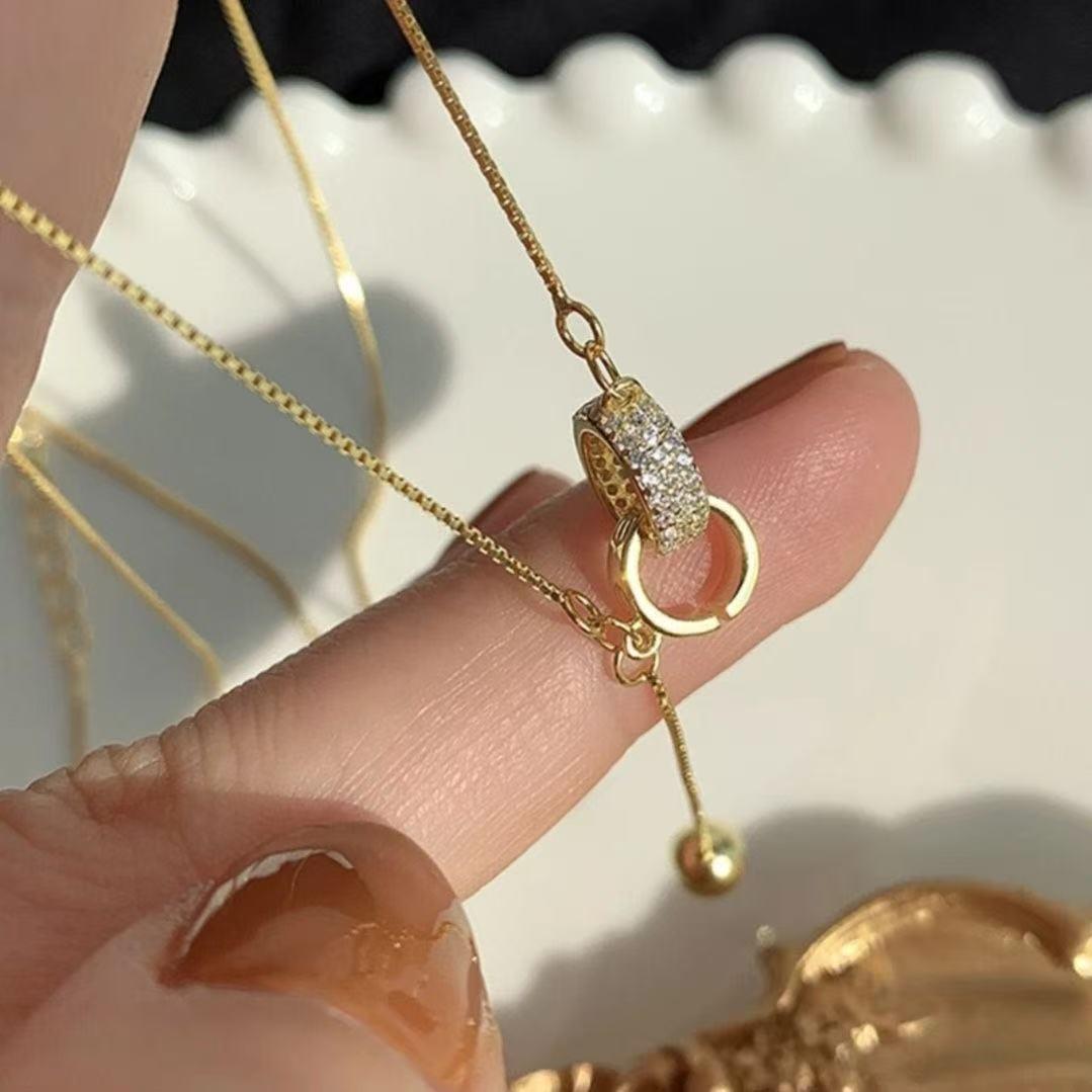 High-End Diamond Double Ring Tassel Necklace for Women - Simple, Fashionable Clavicle Chain