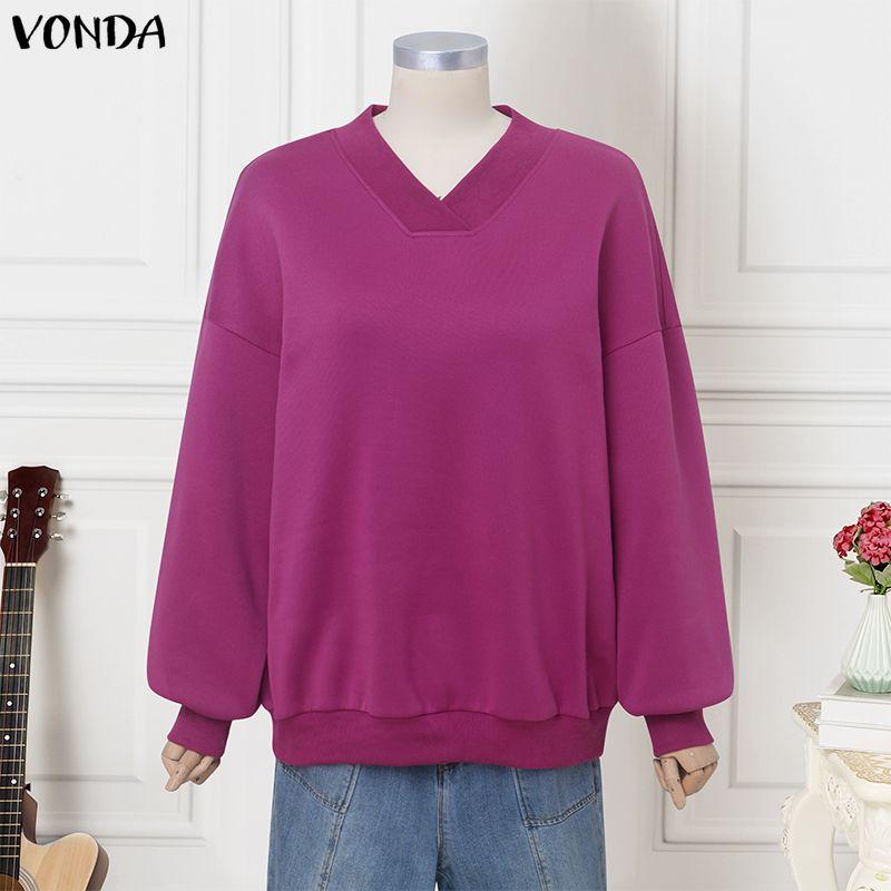 VONDA S-5XL Women Long Sleeve V Neck Solid Color Thin Pullover Sweatshirts