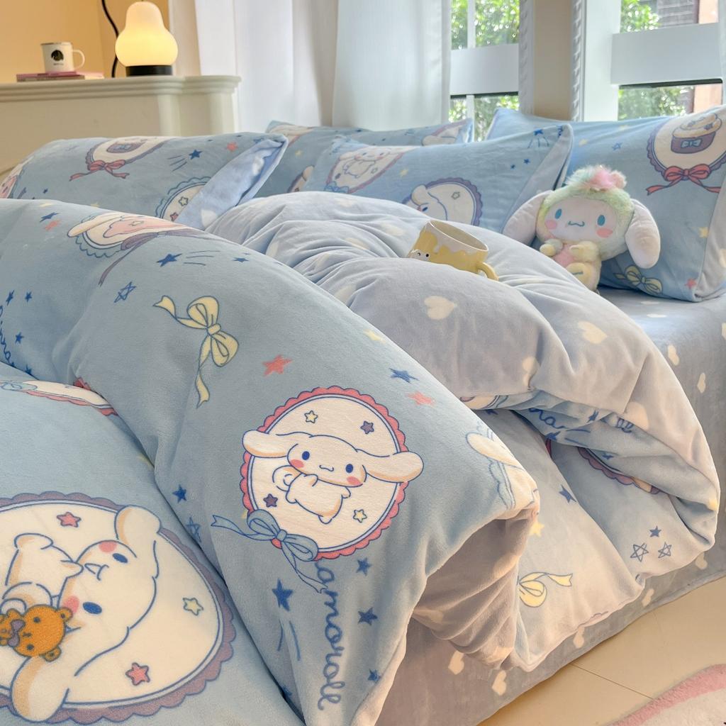 Children'S Thickened Milk Fleece Bed Four-Piece Warm Coral Fleece Fleece Quilt Cover Student Bedding