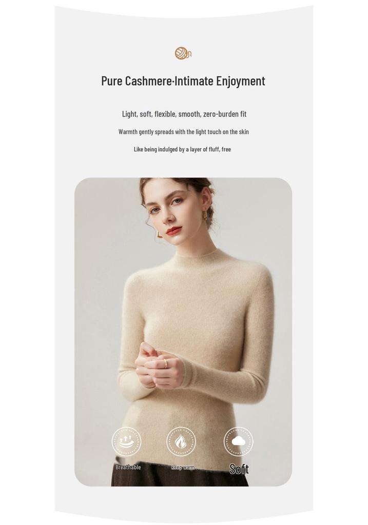 Pure Cashmere Ribbed Half-High Collar Knit Top