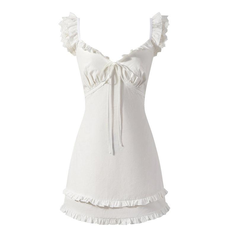 Practice, first love white dress, white suspender skirt with ruffle edge, short feminine French temperament fairy skirt