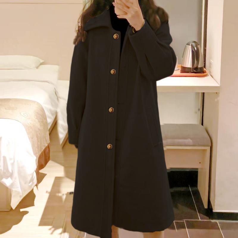 Long-Length Thickened Mid-Length Woolen Outer Wear for Women Button Design Autumn Winter Elegant Coat